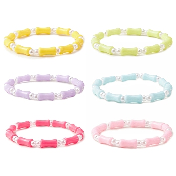 6Pcs 6 Color Bamboo Stick Acrylic & ABS Plastic Pearl Beaded Stretch Bracelets Set, Stackable Bracelets for Kids, Mixed Color, Inner Diameter: 2 inch(5cm), 1Pc/color