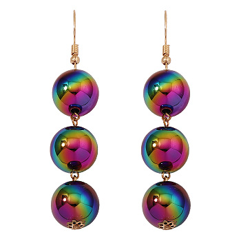 Sparkling Plastic Triple Round Ball Dangle Earrings, Zinc Alloy Long Drop Earrings, Colorful, 78x15mm