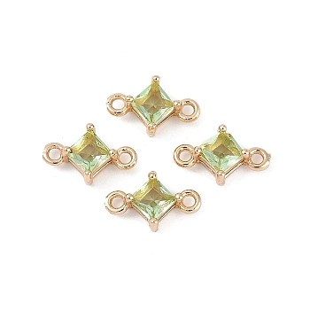 Brass Pave Glass Rhombus Links Connector Charms, Golden, Yellow Green, 11x6.5x4mm, Hole: 1.2mm