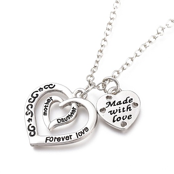 Alloy Pendant Necklaces, for Valentine's Day, with Lobster Claw Clasps, Heart with Word Made with Love, Forever Love, Platinum, 20.27 incehs(51.5cm)