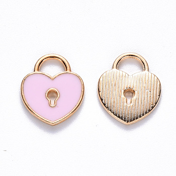 Alloy Enamel Charms, Heart Lock, Light Gold, Pink, 13x11x1.5mm, Hole: 3x4mm