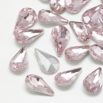 Pointed Back Glass Rhinestone Cabochons, Back Plated, Faceted, teardrop, Light Rose, 10x6x3mm