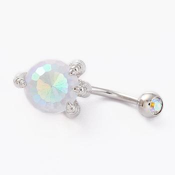 Piercing Jewelry, Brass Micro Pave Cubic Zirconia Navel Rings, Belly Rings, with 304 Stainless Steel Bar, Round, Clear AB, Stainless Steel Color, 27.5mm, Bar: 14 Gauge(1.6mm), Bar Length: 3/8"(10mm)