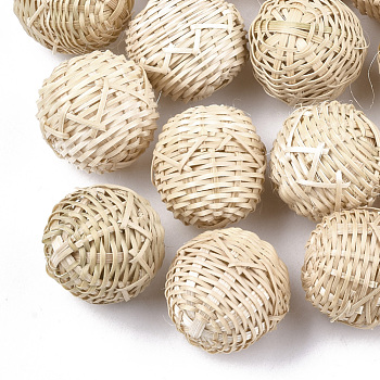 Handmade Reed Cane/Rattan Woven Beads, For Making Straw Earrings and Necklaces, No Hole/Undrilled, Round, Antique White, 20~30mm