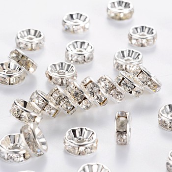 Rhinestone Spacer Beads, Brass, Grade A, Flat Round, Silver Color Plated, Clear, Size: about 8mm in diameter, 4mm thick, hole: 1.5mm
