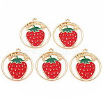 Alloy Enamel Pendants, Cadmium Free & Nickel Free & Lead Free, Light Gold, Ring with Word and Strawberry, Red, 31x28x1.5mm, Hole: 1.8mm(ENAM-S126-102-NR)