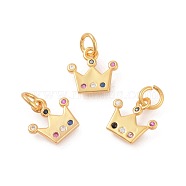 Brass Micro Pave Cubic Zirconia Charms, Crown, Colorful, Golden, 12.5x13x1.5mm, Hole: 4mm(ZIRC-F106-04G)