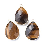 Faceted Natural Tiger Eye Pendants, with Light Gold Plated Brass Edge and Loop, Teardrop, 28.5~29.5x19~20x7mm, Hole: 1.2mm(G-M356-A01-LG)