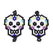 Handmade Seed Beads Links Connectors, with Elastic Thread, Loom Pattern, Sugar Skull, For Mexico Holiday Day of The Dead, Black, 35~36x22~23x1.5~2mm, Hole: 1.5~2mm(SEED-I012-48C)