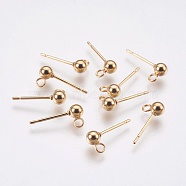 Ion Plating(IP) 304 Stainless Steel Ball Stud Earring Post, Earring Findings, with Vertical Loops and 316 Stainless Steel Pin, Round, Golden, 13x5x3mm, Hole: 1.2mm, Pin: 0.7mm(STAS-H410-10G)