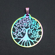 Ion Plating(IP) 201 Stainless Steel Pendants, Laser Cut, Flat Round with Tree of Life, Rainbow Color, 32x29.5x1mm, Hole: 7x3mm(STAS-S105-JA579)