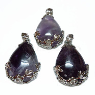 Valentine Gifts Idea for Guys Natural Amethyst Pendants, with Alloy Pendant Findings, teardrop, Purple, Amethyst, 38x26x8mm, Hole: 5x4mm(X-G-Q689)