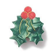Green Cellulose Acetate(Resin) Christmas Brooch Pin, Platinum Alloy Badge for Backpack Clothes, Holly Leaves, 40x34mm(JEWB-K009-01B)