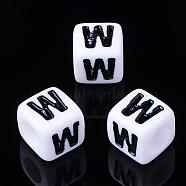 Letter Acrylic Beads, Cube, White, Letter W, Size: about 7mm wide, 7mm long, 7mm high, hole: 3.5mm, about 2000pcs/500g(PL37C9129-W)