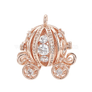 Brass Cage Pendants, For Chime Ball Pendant Necklaces Making, with Micro Pave Cubic Zirconia, Hollow Pumpkin Carriage, Clear, Rose Gold, 28x26x17mm, Hole: 3mm, Inner Measure: 15.5m(KK-Q749-015RG)