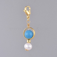 Synthetic Turquoise Pendants, with Natural Pearl, Golden Plated Brass Bead Frames and 304 Stainless Steel Lobster Claw Clasps, 41mm(HJEW-JM00381-05)
