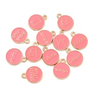 Alloy Enamel Pendants, Golden, Flat Round with 12 Constellation Charm, Pink, 15x12.5x2mm, Hole: 1.8mm(ENAM-XCP0001-45A-02)