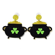 Saint Patrick's Day Sparkling Acrylic Dangle Stud Earrings, Clover, Black, 52x45.5mm(EJEW-P243-A01)