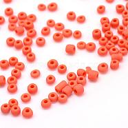 Frosted Opaque Glass Seed Beads, Round, Coral, 4~5x2.5~5mm, Hole: 1mm, about 4500pcs/bag, 440~450g/bag(SEED-R029-4mm-A05)