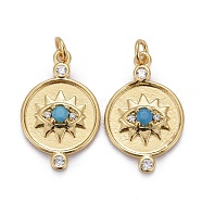 Brass Micro Pave Clear & Blue Cubic Zirconia Pendants, with Jump Rings, Long-Lasting Plated, Flat Round with Eye, Real 18K Gold Plated, 19.5x12.5x3mm(ZIRC-Z011-29G)