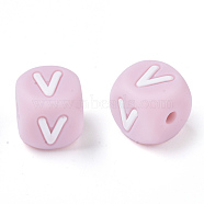 Food Grade Eco-Friendly Silicone Beads, Horizontal Hole, Chewing Beads For Teethers, DIY Nursing Necklaces Making, Letter Style, Cube, Pink, Letter.V, 10x10x10mm, Hole: 2mm(SIL-R011-10mm-04V)
