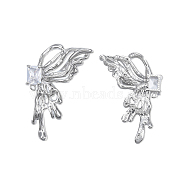 Brass Pave Clear Cubic Zirconia Butterfly Stud Earring Findings, with Horizontal Loops, Cadmium Free & Nickel Free & Lead Free, Real Platinum Plated, 41x27mm, Hole: 1.4mm, Pin: 0.7mm(KK-N232-450P-B)