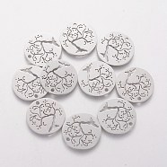 201 Stainless Steel Pendants, Flat Round with Cherry Tree, Stainless Steel Color, 20x1.1mm, Hole: 1.5mm(STAS-Q201-T399)