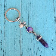 Natural Amethyst Bullet Pendant Keychains, with Alloy Starfish & Shell Shape, 3.5cm(KEYC-PW0009-03F)