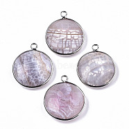 Natural Fire Agate Pendants, with Platinum Plated Brass Findings, Dyed & Heated, Flat Round, Light Grey, 27~28x23~24x7~9.5mm, Hole: 2mm(G-N326-87A-06)