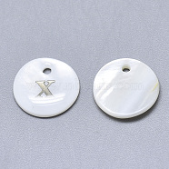 Natural White Shell Mother of Pearl Shell Charms, with Iron Sticker, Flat Round with Letter, Letter.X, 13x2mm, Hole: 1.5mm(SSHEL-N036-053X)