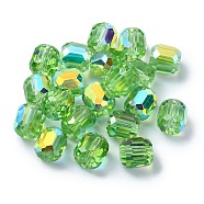 AB Color Plated Glass Beads, Faceted Barrel, Light Green, 8.5x7.5mm, Hole: 1.4mm(GLAA-F108-12B-09)