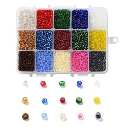 375G 15 Colors Glass Seed Beads, Transparent Colours, Round, Mixed Color, 8/0, 3~4x2~3mm, Hole: 0.8~1mm, 25g/color(SEED-JP0004-01-3mm)