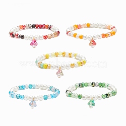 Glass Pearl & Flower Beaded Stretch Bracelet with Bell Charm for Women, Mixed Color, Inner Diameter: 2 inch(5.2cm)(BJEW-JB08513)