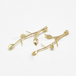 Brass Peg Bails Pendants, For Half Drilled Bead, with Cubic Zirconia, Branch, Clear, Real 18K Gold Plated, 35x15.5x1mm, Hole: 1~3x1.5mm, Pin: 1mm(KK-S347-081)