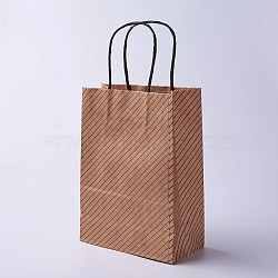 kraft Paper Bags, with Handles, Gift Bags, Shopping Bags, Brown Paper Bag, Rectangle, Diagonal Stripe Pattern, Camel, 27x21x10cm(CARB-E002-M-G02)