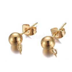 304 Stainless Steel Stud Earring Findings, for DIY Earring Making, with Loop and Ear Nut/Earring Backs, Real 24K Gold Plated, 9mm, Hole: 1.8mm, Ball: 6mm, Pin: 0.8mm(X-STAS-P148-07G-B)