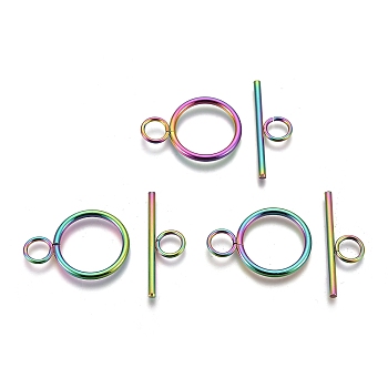 Ion Plating(IP) 304 Stainless Steel Toggle Clasps, Ring, Rainbow Color, Ring: 28x20x2mm, Hole: 5.5mm, Bar: 30x10x2mm, Hole: 5.5mm