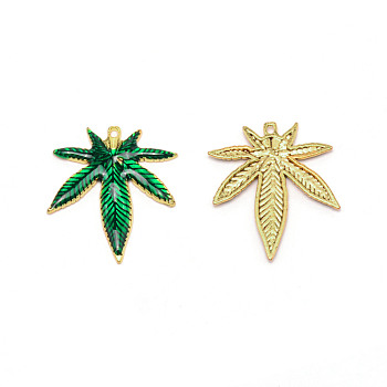 Alloy Pendants, with Enamel, Pot Leaf/Hemp Leaf Shape, Golden, 39x34x2.5mm, Hole: 1.8mm