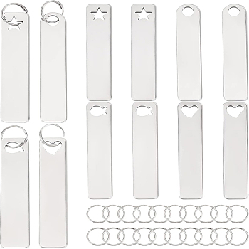24Pcs 4 Style 304 Stainless Steel Keychain, with Iron Key Rings, Rectangle, Stainless Steel Color, 5x1cm, 6pcs/style