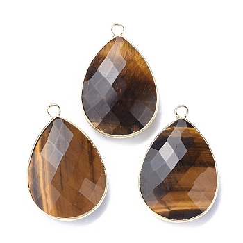 Faceted Natural Tiger Eye Pendants, with Light Gold Plated Brass Edge and Loop, Teardrop, 28.5~29.5x19~20x7mm, Hole: 1.2mm