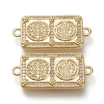 Brass Micro Pave Cubic Zirconia Links Connectors, Rectangle with Cssml Ndsmd Cross God Father Religious Christianity, Clear, Real 18K Gold Plated, 31.5x15.5x3mm, Hole: 2mm