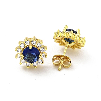 Flower Brass Micro Pave Clear Cubic Zirconia Stud Earrings, with Capri Blue Rhinestone for Women, Real 18K Gold Plated, 11mm