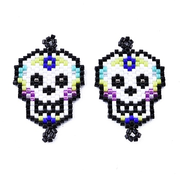 Handmade Seed Beads Links Connectors, with Elastic Thread, Loom Pattern, Sugar Skull, For Mexico Holiday Day of The Dead, Black, 35~36x22~23x1.5~2mm, Hole: 1.5~2mm