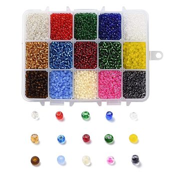 375G 15 Colors Glass Seed Beads, Transparent Colours, Round, Mixed Color, 8/0, 3~4x2~3mm, Hole: 0.8~1mm, 25g/color