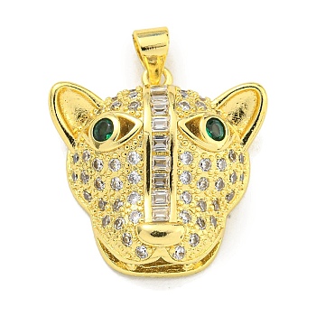 Brass Micro Pave Cubic Zirconia Pendants, Real 18K Gold Plated Leopard Head Charms, Clear, 22x22x7mm, Hole: 4.5x3mm