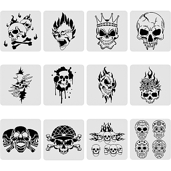 Large Plastic Reusable Drawing Painting Stencils Templates Sets, for Painting on Scrapbook Fabric Canvas Tiles Floor Furniture Wood, Halloween Themed Pattern, 30x30cm, 12pcs/set