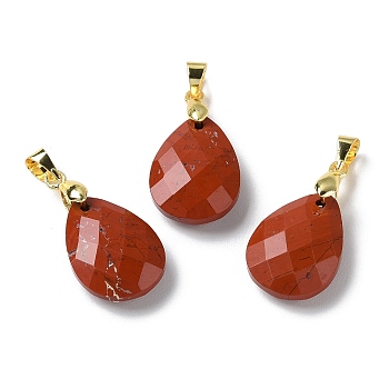 Natural Red Jaspe Pendants, Teardrop Charms, Faceted, with Ion Plating(IP) Golden Plated Brass Findings, 18x13x6mm, Hole: 4x3.3mm