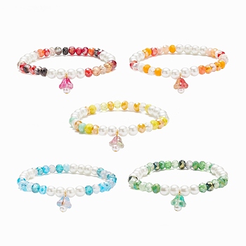 Glass Pearl & Flower Beaded Stretch Bracelet with Bell Charm for Women, Mixed Color, Inner Diameter: 2 inch(5.2cm)