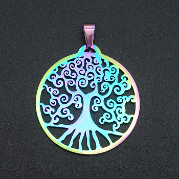 Ion Plating(IP) 201 Stainless Steel Pendants, Laser Cut, Flat Round with Tree of Life, Rainbow Color, 32x29.5x1mm, Hole: 7x3mm
