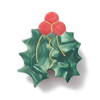 Green Cellulose Acetate(Resin) Christmas Brooch Pin, Platinum Alloy Badge for Backpack Clothes, Holly Leaves, 40x34mm